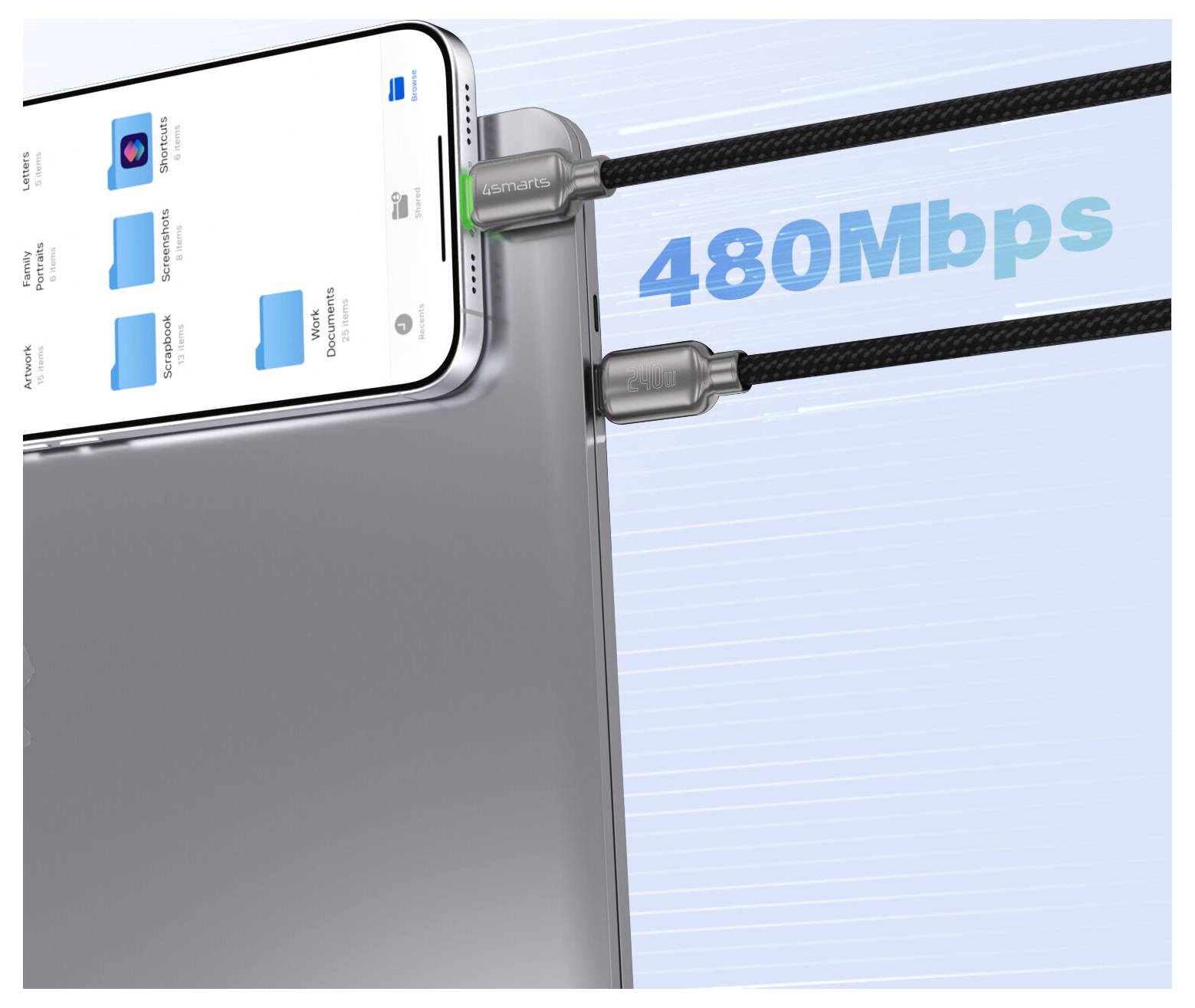Smartphone verbunden mit einer Powerbank durch zwei Kabel, wobei „480 Mbps" eine schnelle Datenübertragung oder Ladgeschwindigkeit anzeigt.