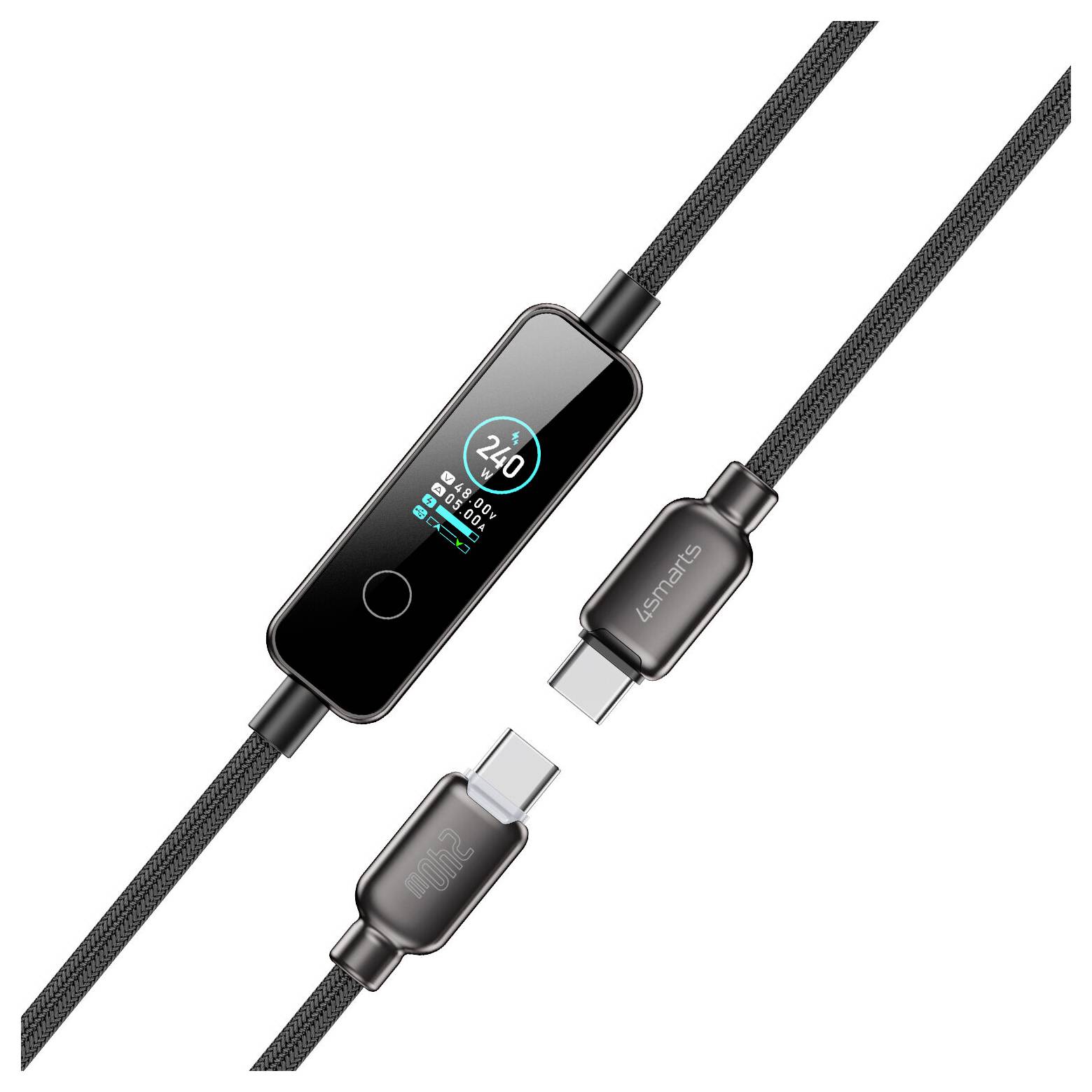Schwarzes geflochtenes USB-C-Ladekabel mit integriertem Display, das den Ladestatus anzeigt, plus Nahaufnahme der USB-C-Anschlüsse und des Markennamens „Usmarts".