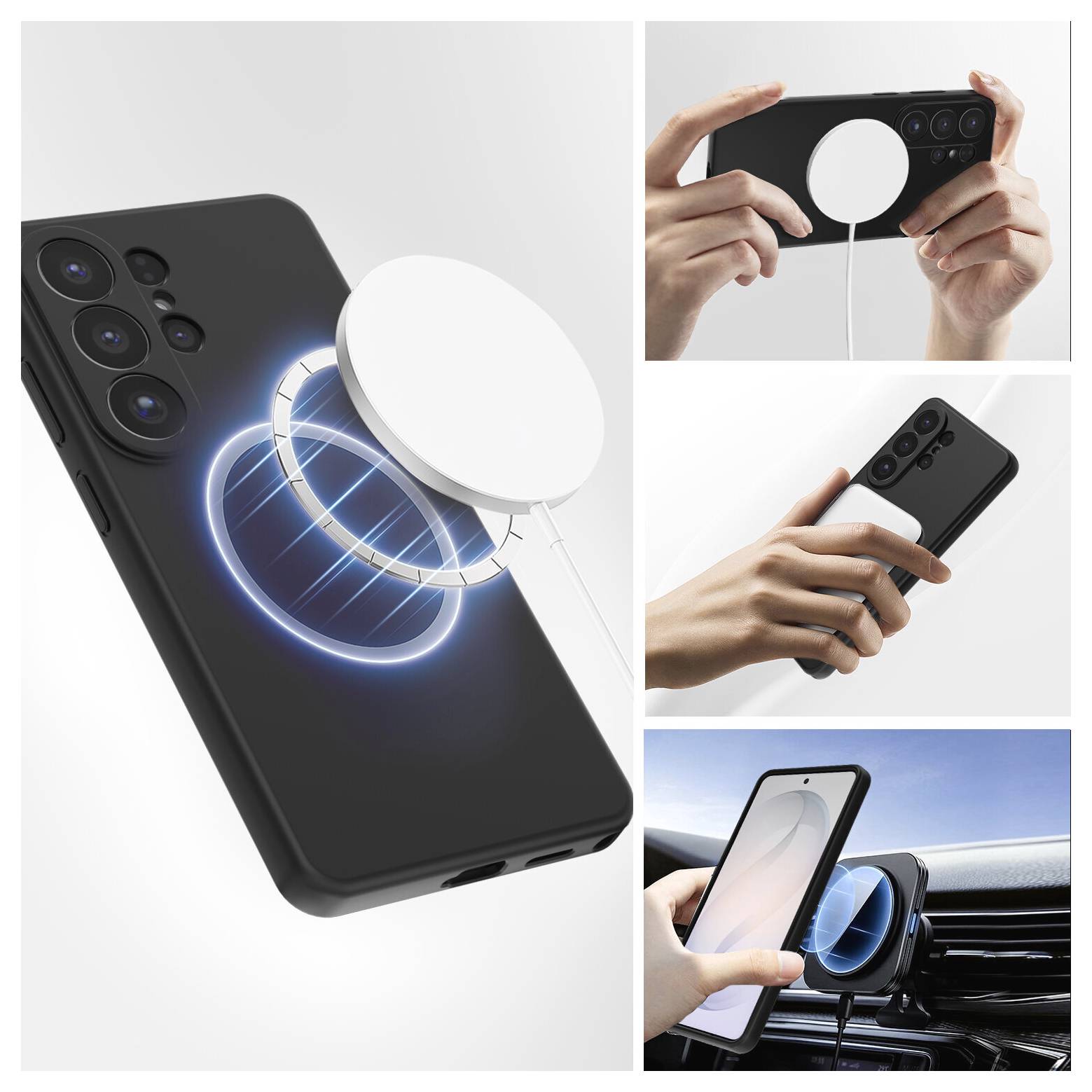 Magnetisches kabelloses Ladegerät für ein Smartphone, das sich dem Telefon anbringt und in der Hand sowie in einer Autohalteerung verwendet wird.
