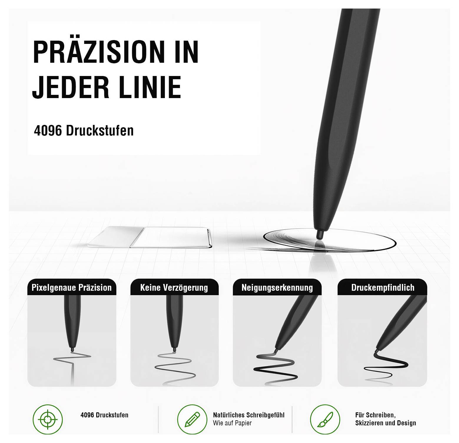 Eine Anzeige für einen Stift betont „PRÄZISION IN JEDER LINIE" und „4096 Druckstufen" und zeigt präzises Zeichnen, Neigungserkennung und Druckempfindlichkeit.