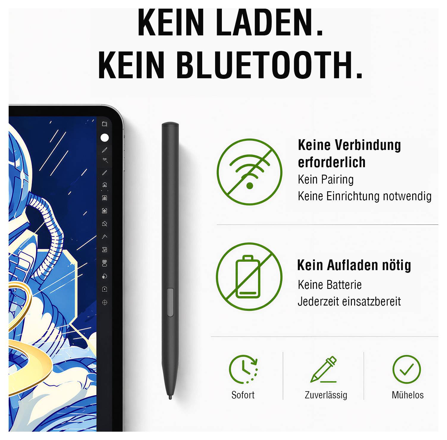KEIN LADEN. KEIN BLUETOOTH.<br><br>Keine Kopplung oder Einrichtung erforderlich, kein Aufladen nötig, und es funktioniert sofort, zuverlässig und mühelos.