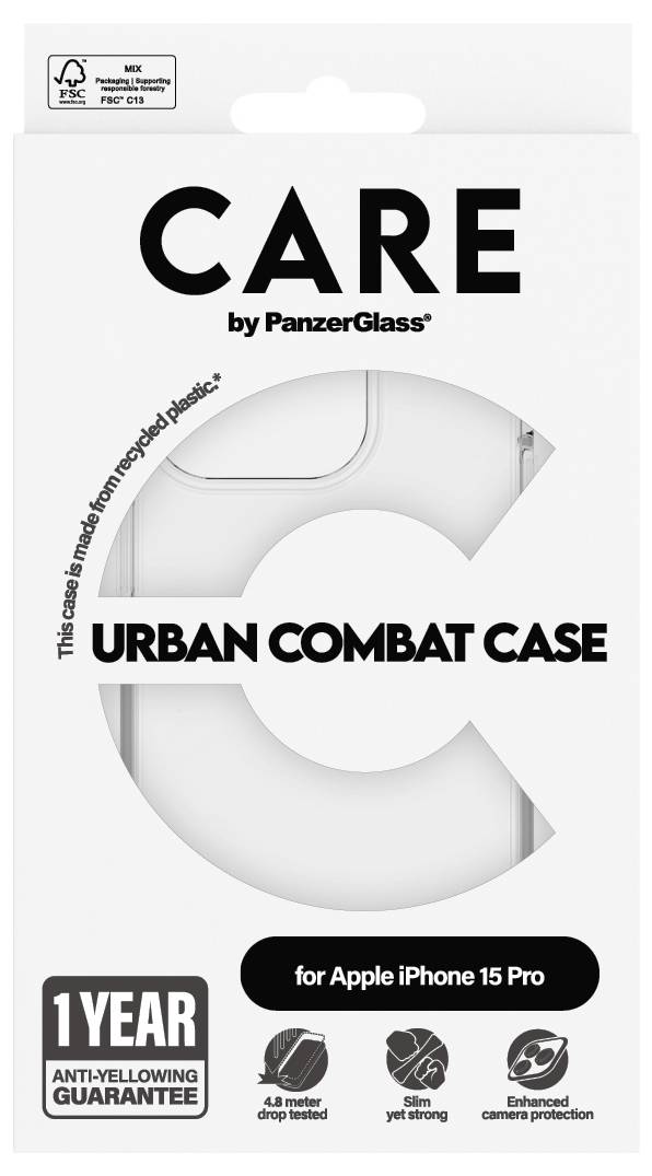 Produktverpackung für PanzerGlass CARE Urban Combat Case für Apple iPhone 15 Pro, mit 1-Jahr-Garantie gegen Vergilbung, 4,9-Fuß-Falltest, schlanke Stabilität und verbesserten Kamerasschutz.