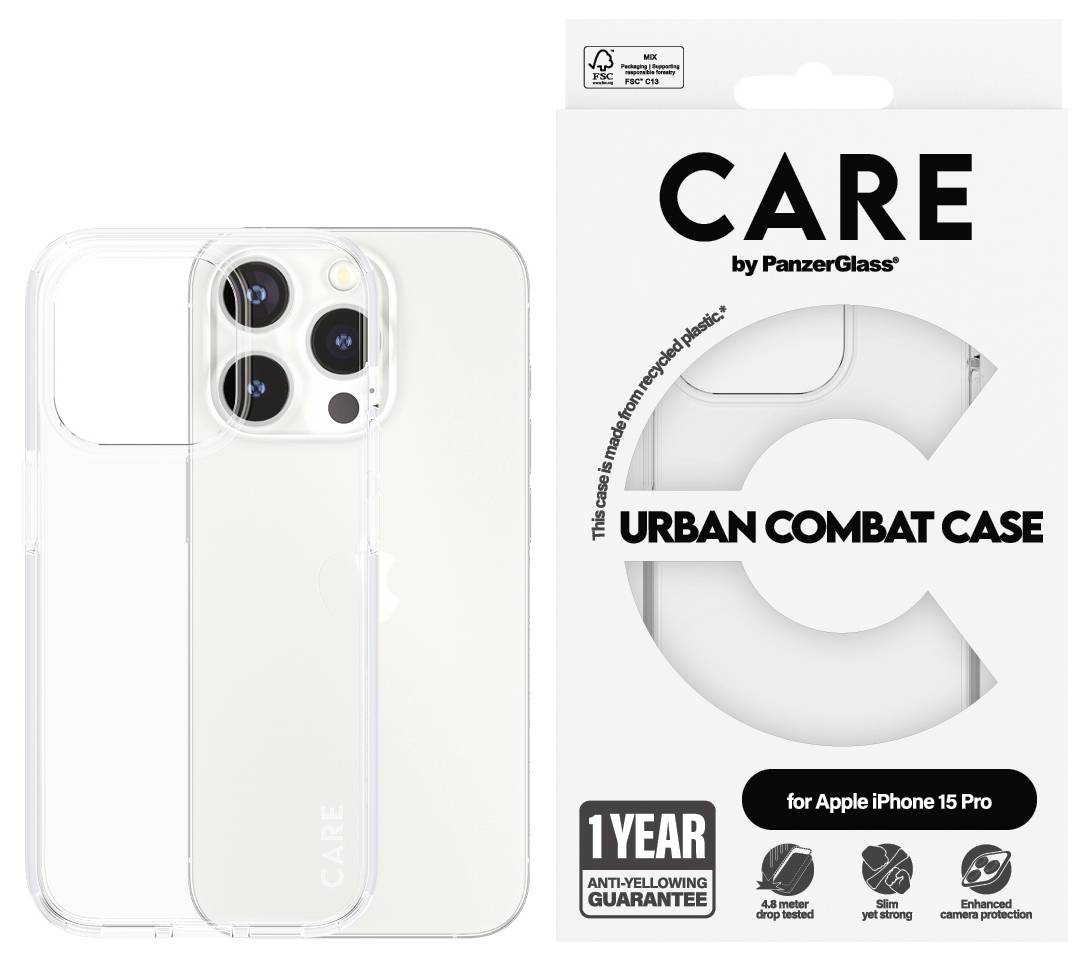 Produktbild einer transparenten PanzerGlass CARE Urban Combat Schutzhülle für Apple iPhone 15 Pro, gezeigt mit dem Telefon und der Einzelhandelsverpackung, die eine 1-Jahres-Garantie gegen Vergilbung und Schutzfunktionen hervorhebt.