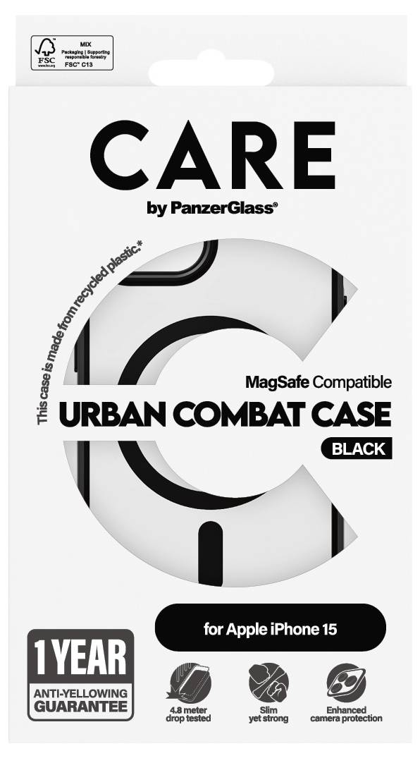 Verpackung für PanzerGlass 'CARE' Urban Combat Case, schwarz, MagSafe-kompatibel für Apple iPhone 15, mit 1-Jahr-Garantie gegen Vergilbung und Kamerasschutz.