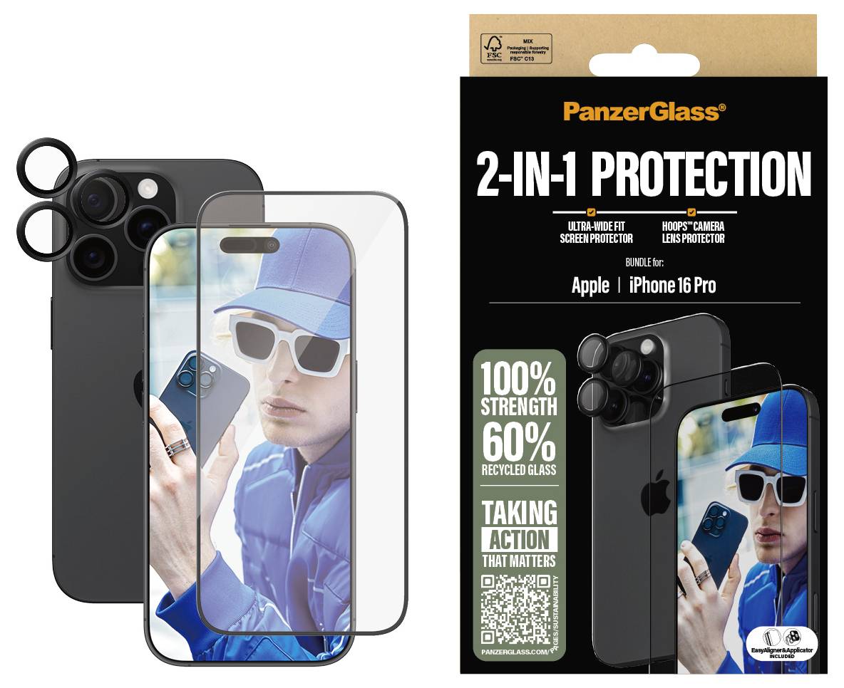 PanzerGlass 2-in-1-Displayschutz und Kameralinsen-Schutz für Apple iPhone 16 Pro, gezeigt mit einem Telefon-Mockup und Verpackung.