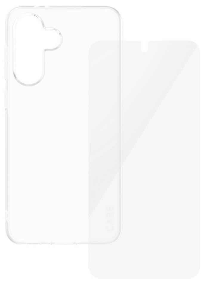 Transparente Handyhülle mit separatem Displayschutz auf weißem Hintergrund, gezeigt als Produktbilder.