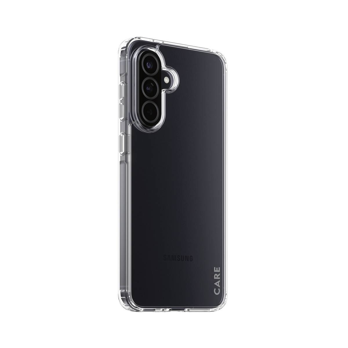 Schwarzes Smartphone in einer transparenten Schutzhülle, Rückansicht auf weißem Hintergrund, mit vertikalem Dreifach-Kamera-Ausschnitt und "CARE"-Branding.