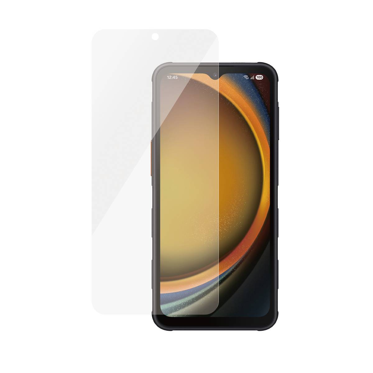 Smartphone mit einer transparenten Displayschutzfolie, die über dem Display ausgerichtet ist, auf weißem Hintergrund.