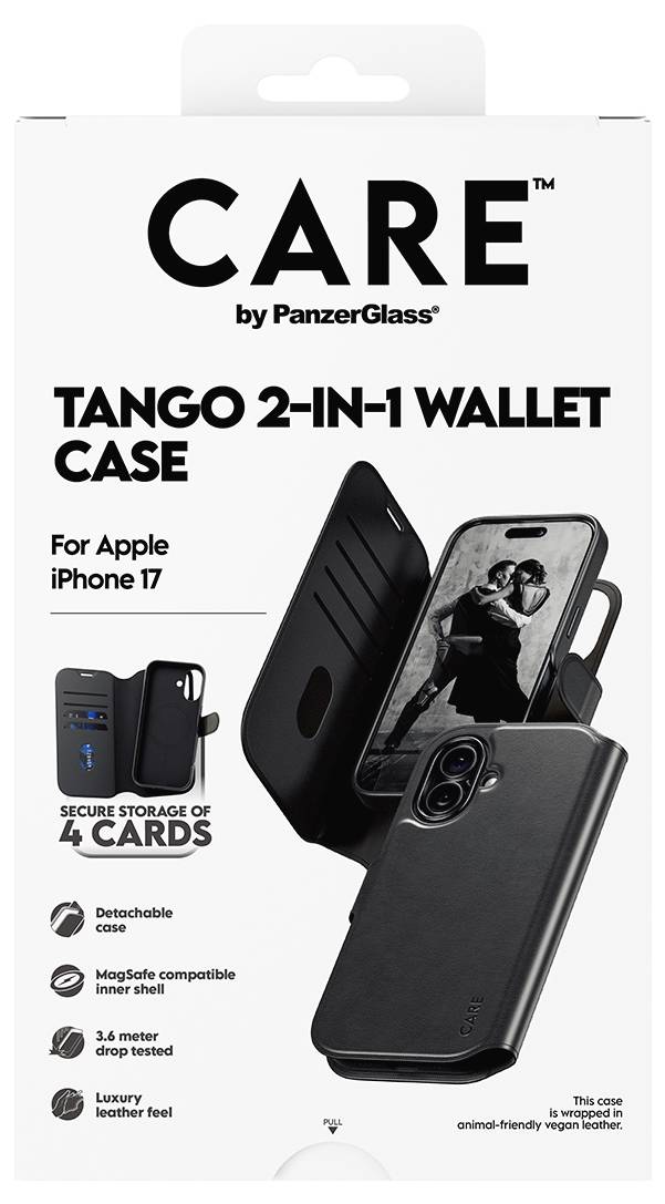 Produktverpackung für CARE by PanzerGlass Tango 2-in-1 Wallet Case für Apple iPhone 17, zeigt Gehäuse, Bildschirm und Speicherplatz für 4 Karten.