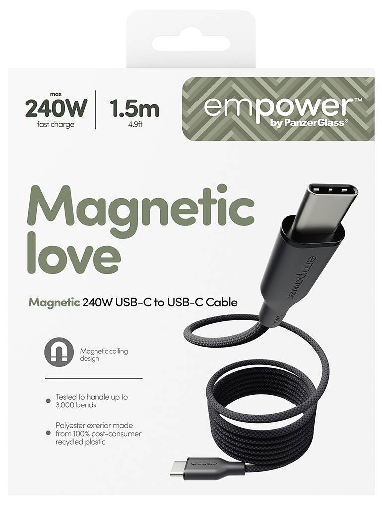 Paket für „empower" von PanzerGlass Magnetisches 240W USB-C zu USB-C Kabel, 1,5 m, schwarzes Spiralkabel mit USB-C Steckern.
