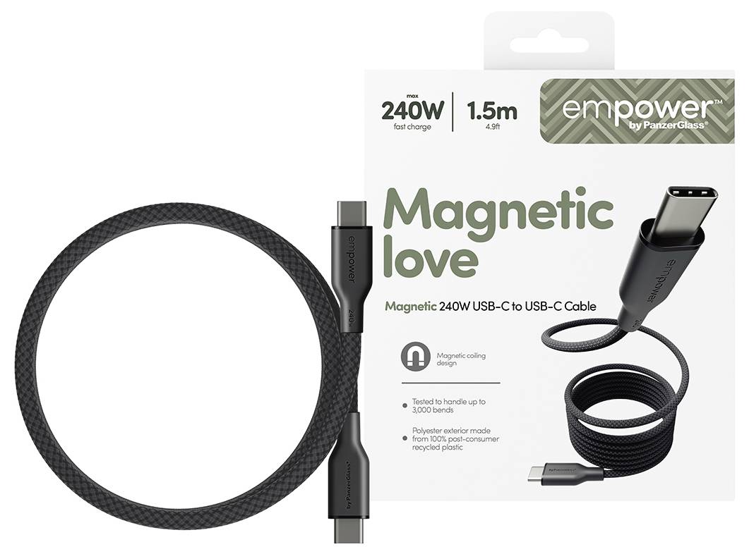 Produktpaket und aufgerolltes schwarzes USB-C-auf-USB-C-Kabel mit der Bezeichnung „Magnetic Love", „240W Schnellladevorgang" und „1,5m" von Empower mit magnetischem Aufrolldesign.