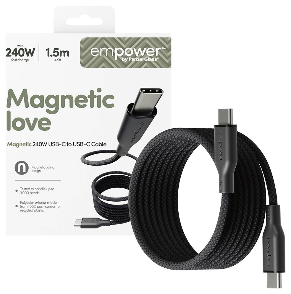 Produktbild eines „empower by PanzerGlass" magnetischen 240W USB-C auf USB-C Kabels, 1,5 m lang, dargestellt aufgerollt mit einem magnetischen Clip.