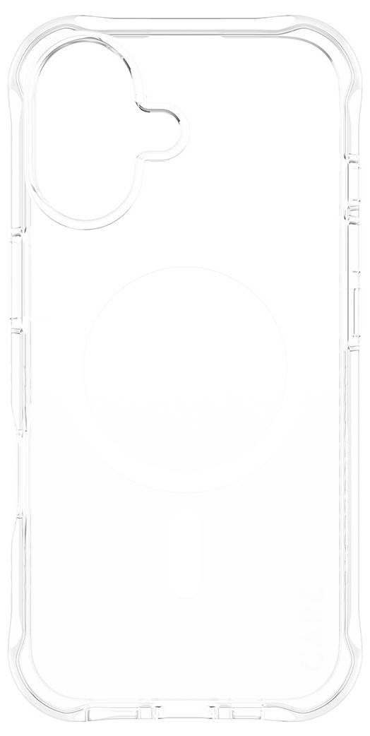 Transparente Schutzhülle für Telefon mit Kameraausschnitt und MagSafe-Ring, in Vorderansicht auf weißem Hintergrund gezeigt.
