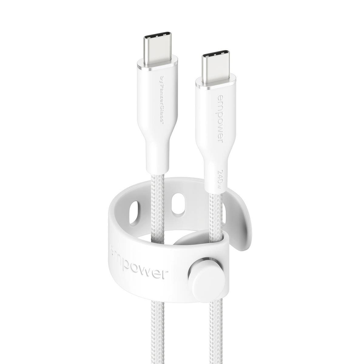 Weißer Kabelorganizer-Clip, der zwei geflochtene USB-C-Ladekabel mit „empower"-Branding auf weißem Hintergrund hält.
