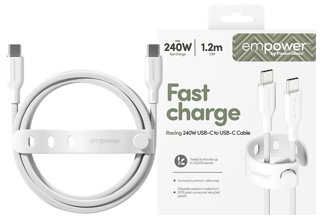 Verpackung und ein aufgerolltes USB-C-zu-USB-C-Ladekabel mit der Bezeichnung „Fast charge", 240W, 1,2m, mit weißem Kabel und Riemen von empower.