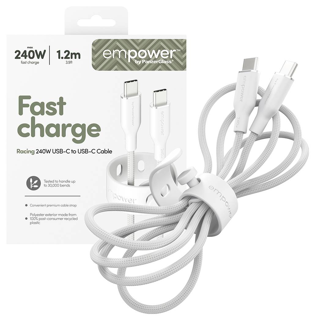 Produktverpackung und ein aufgewickeltes weißes USB-C-zu-USB-C-Ladekabel mit der Bezeichnung "Schnellladen" und "240W", mit 1,2 m Länge.