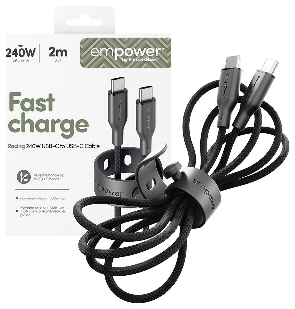 Produktverpackung für ein "empower" 2m USB-C-zu-USB-C-Kabel, gekennzeichnet mit "Schnellladen" und "240W", mit dem geflochtenen Kabel aufgerollt neben der Schachtel.