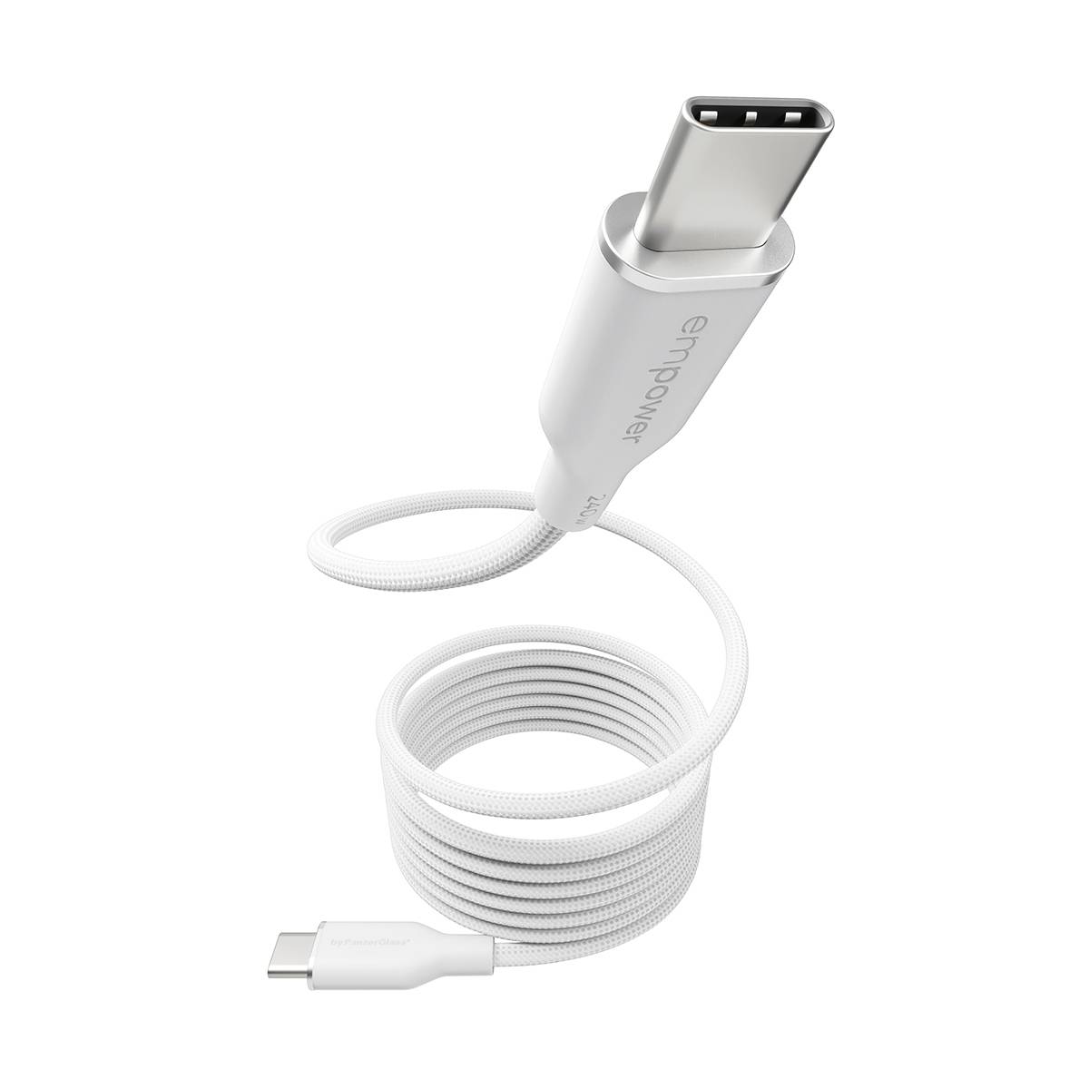 Silbernes USB-C-Ladekabel zu einer kompakten Schleife aufgerollt, mit USB-C-Anschlüssen an beiden Enden.