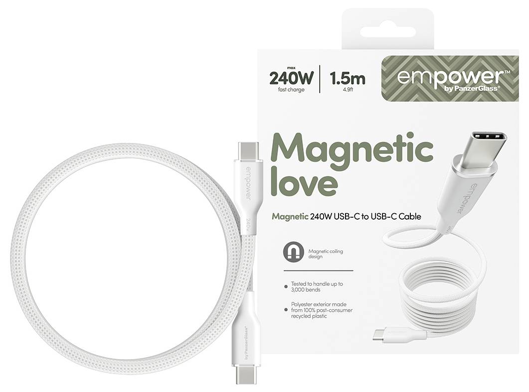 Verpackungsbild für „Magnetic Love" 1,5 m USB-C-auf-USB-C-Kabel, 240W Schnellladung, mit aufgewickeltem weißem Kabel und abgebildeten USB-C-Anschlüssen.