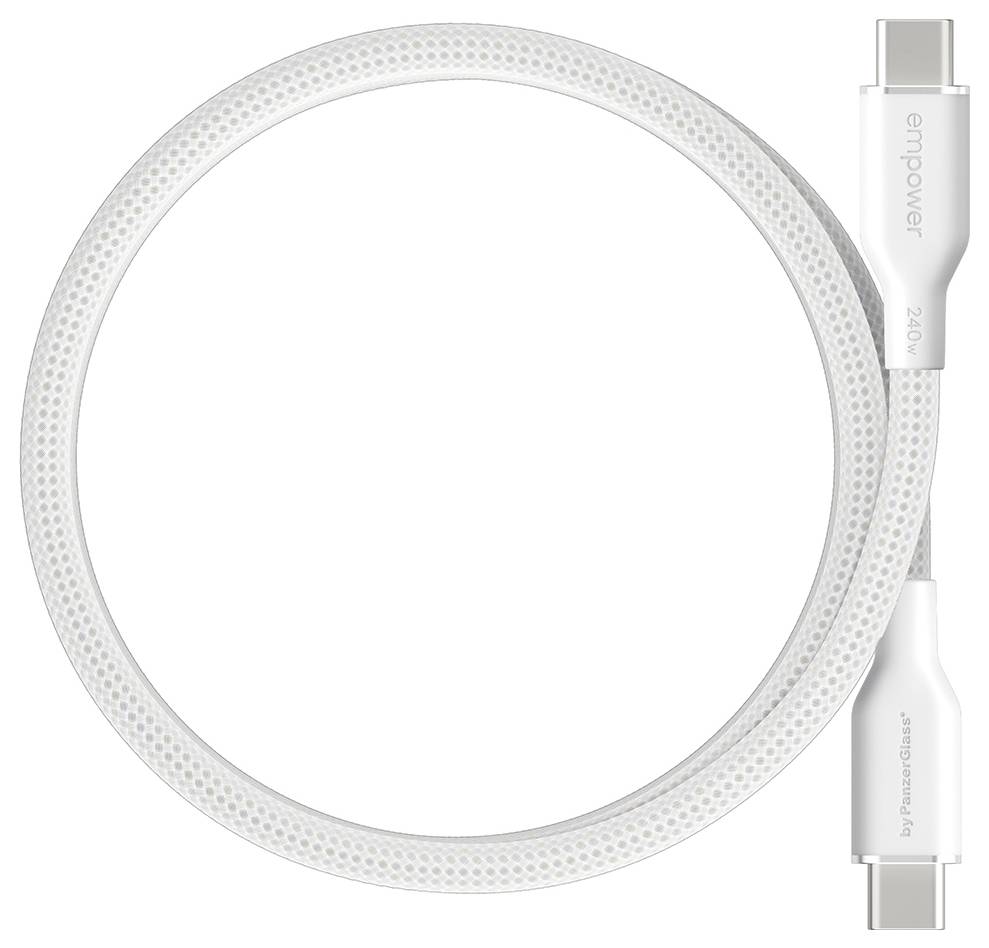 Weißes geflochtenes USB-C-Ladekabel, das in einem Kreis aufgerollt ist, mit silbernen Steckern auf der rechten Seite und sichtbarem "empower"-Branding.