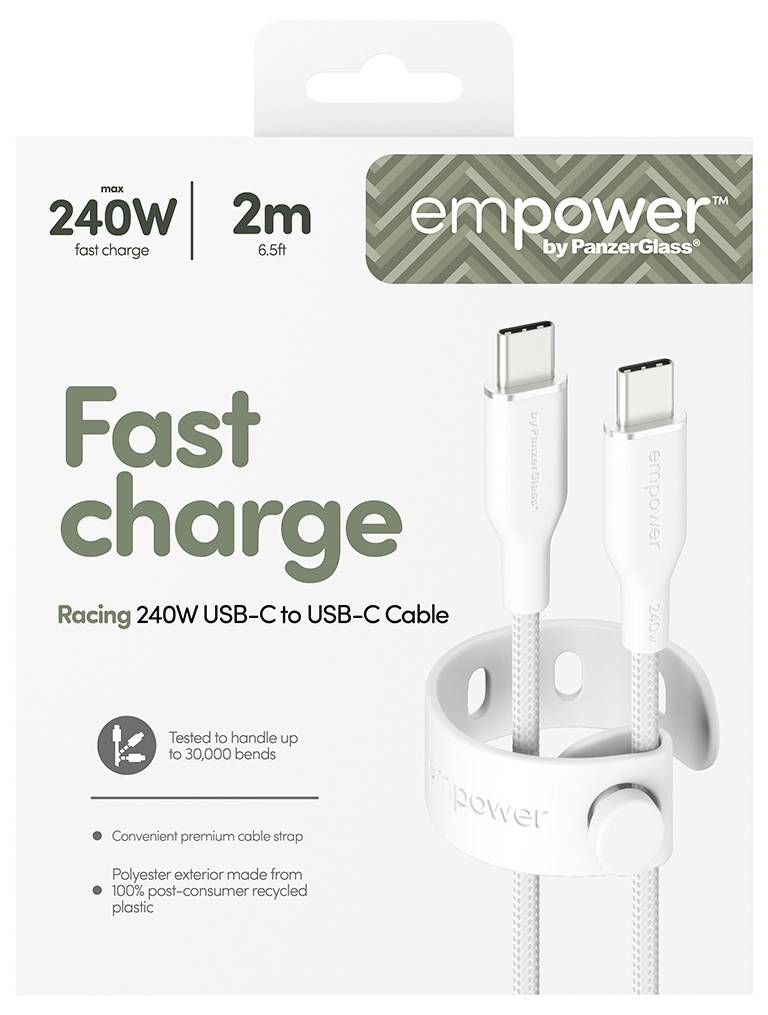 Verpackung für ein „Empower by PanzerGlass" 2m USB-C-zu-USB-C-Schnellladekabel mit 240W-Leistung, mit zwei weißen geflochtenen Kabeln.