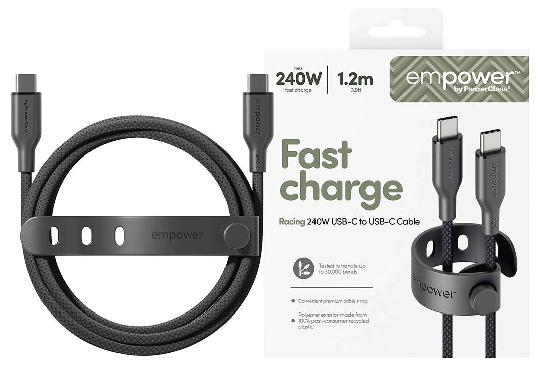 Verpacktes 1,2m schwarzes USB-C-zu-USB-C-Schnellladekabel mit 240W-Kennzeichnung, geflochtener Kordel und Kabelclip.