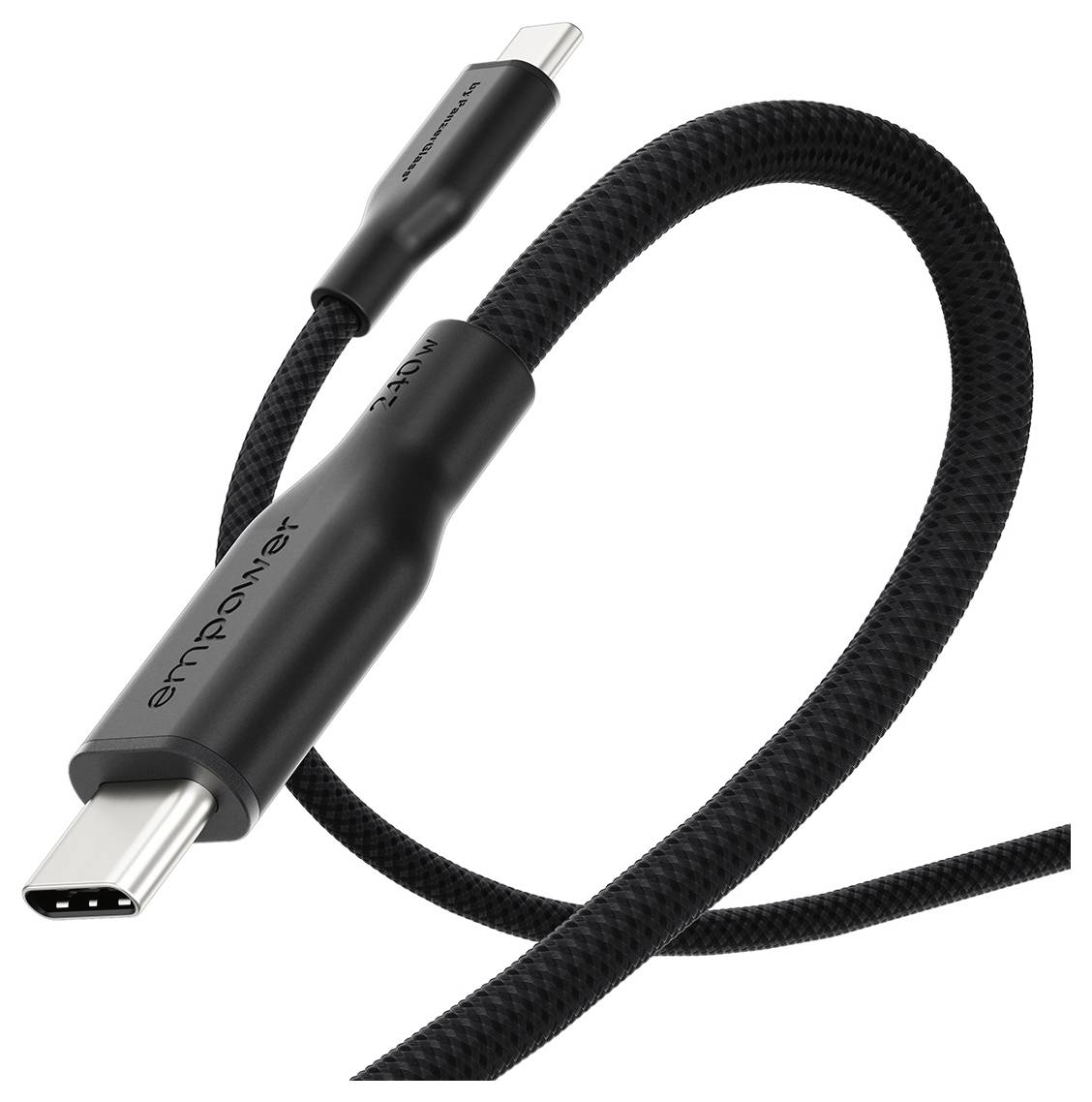 Schwarzes geflochtenes USB-C-Kabel mit Metallsteckern, aufgerollt auf weißem Hintergrund dargestellt.