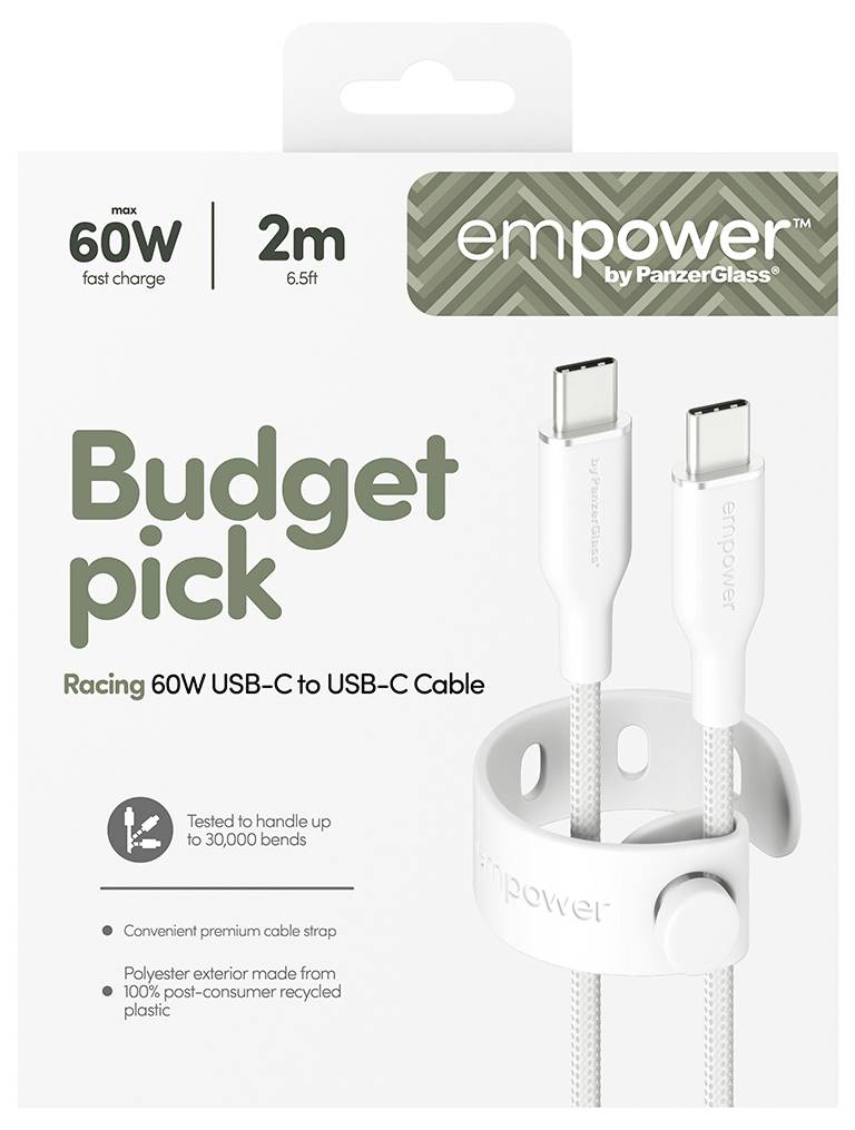 Verpackung für ein Empower von PanzerGlass 2m USB-C auf USB-C Kabel, gekennzeichnet mit „Budget pick" und „max 60W Schnellladung", mit Produktbild und Funktionssymbolen.