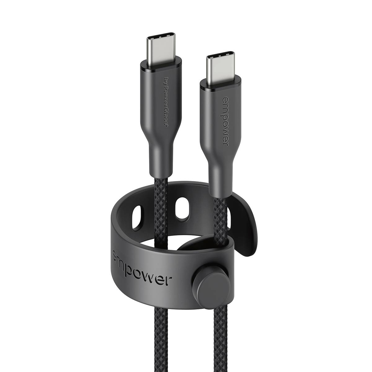 Schwarzes USB-C-Ladekabel mit zwei Anschlüssen, geflochtenen Kabeln und einem Clip-Organizer mit der Beschriftung „empower" auf weißem Hintergrund.