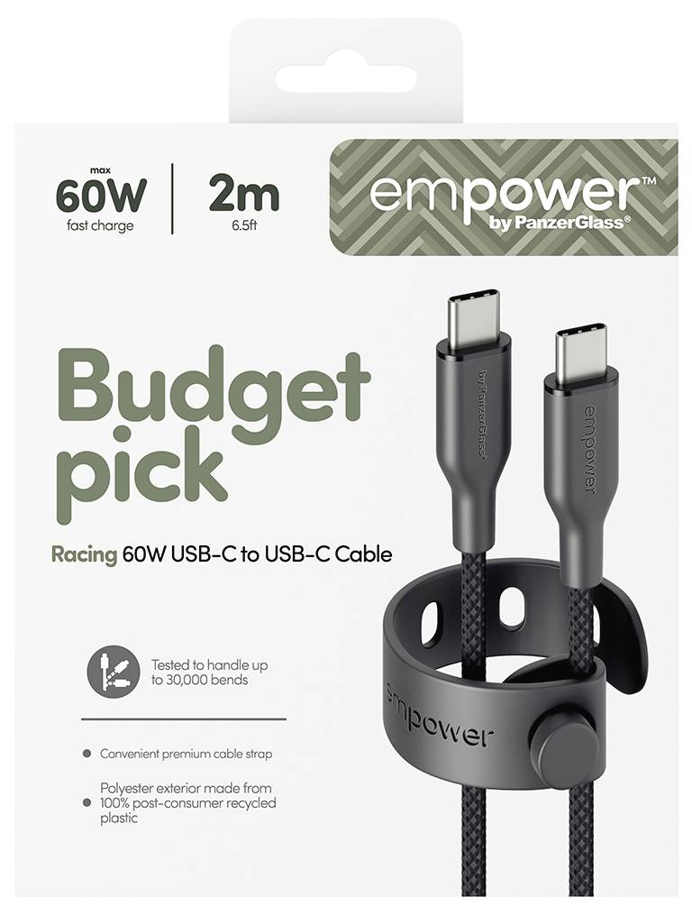 Verpackung für empower by PanzerGlass 2m USB-C zu USB-C Kabel, max 60W Schnellladung, gekennzeichnet mit „Budget pick" und „Racing 60W USB-C zu USB-C Kabel".