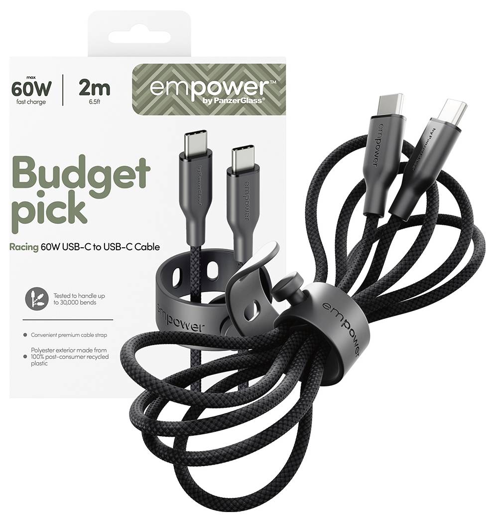 Produktverpackung für ein „Empower" 60W 2m USB-C auf USB-C Kabel mit der Bezeichnung „Budget-Tipp", gezeigt mit geflochtenem Kabel und USB-C-Anschlüssen.
