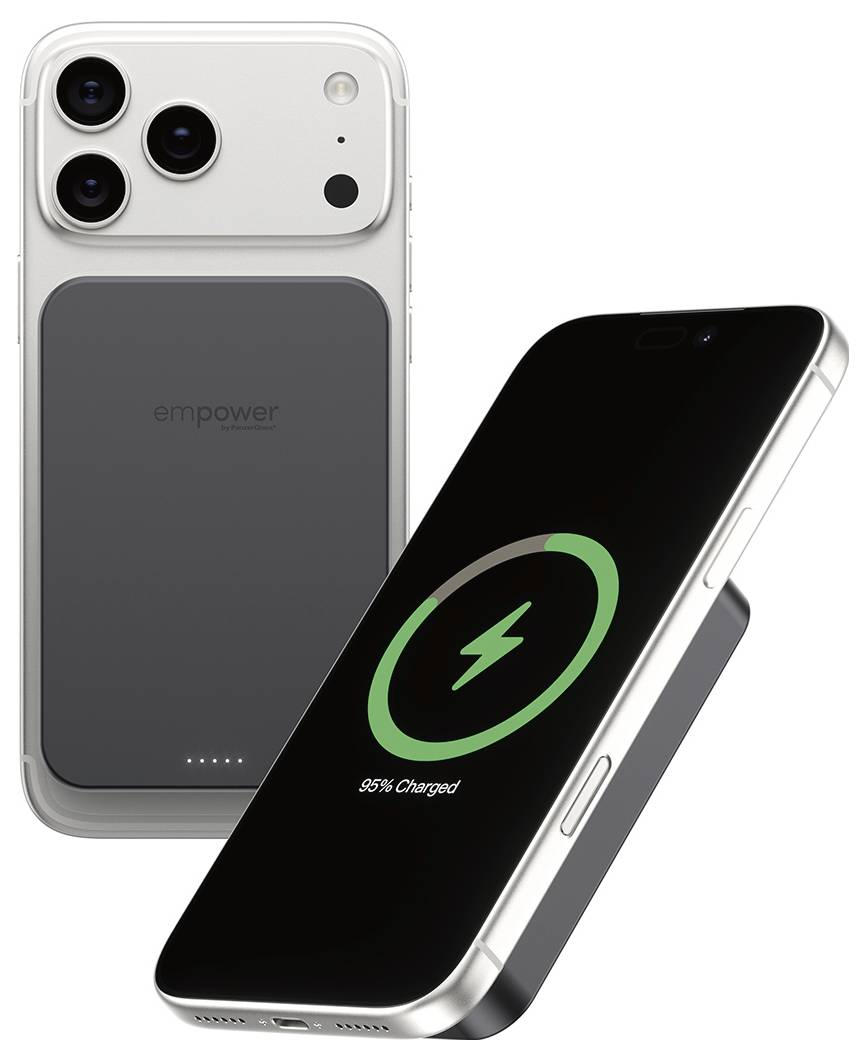 Zwei Smartphones, bei denen ein magnetischer Akku an einem Telefon angebracht ist und ein 95% geladenes kabelloses Ladesymbol angezeigt wird.
