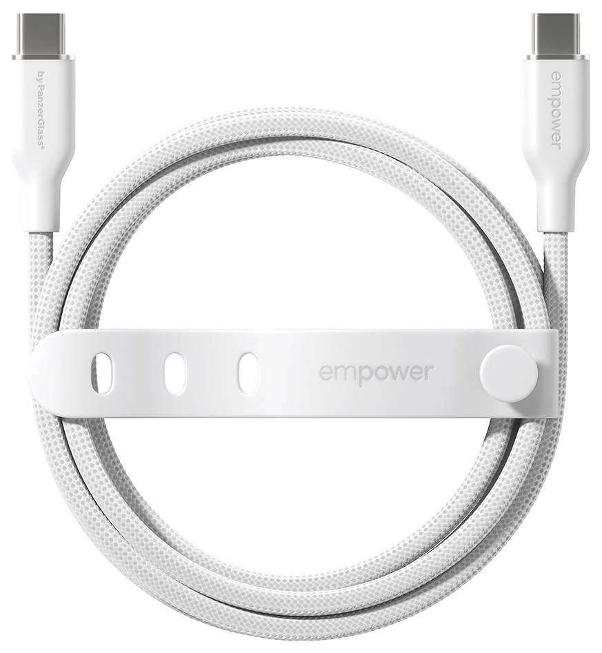 Aufgerolltes weißes USB-C-Kabel mit gewebter Oberfläche, gesichert durch einen weißen Riemen und mit der Marke "empower" auf dem Kabel und den Anschlüssen.