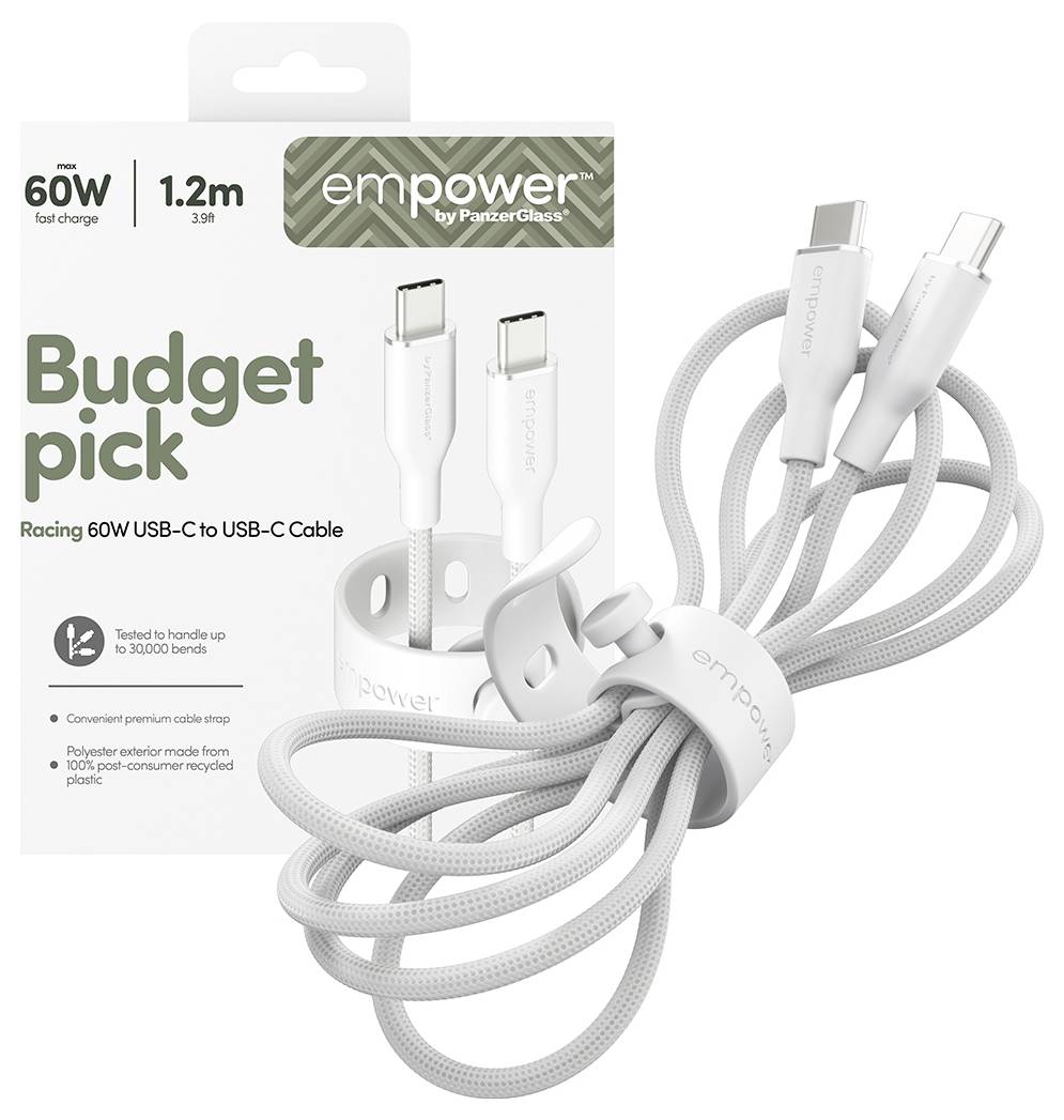Produktverpackung für ein "empower" 60W 1,2m USB-C zu USB-C Ladekabel, mit dem Label "Budget pick" (Sparangebot), mit einem aufgerollten weißen Kabel, das neben der Schachtel gezeigt wird.