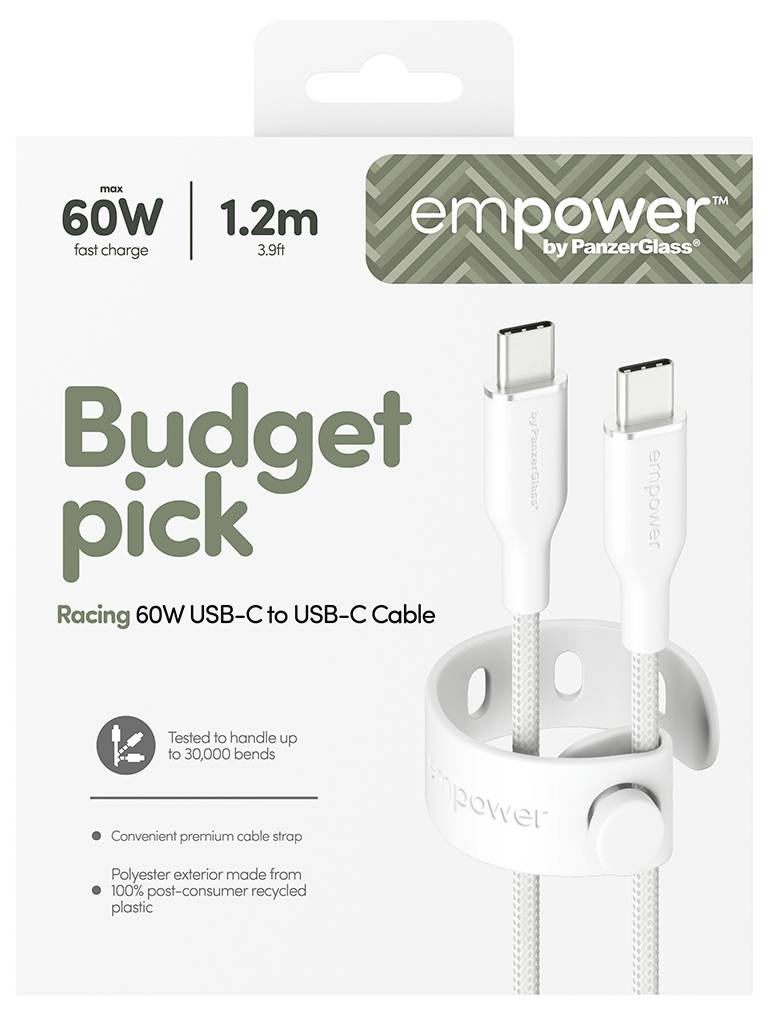 Produktpaket für empower von PanzerGlass 1,2 m USB-C-zu-USB-C-Kabel, gekennzeichnet als „Budget-Auswahl" und „max. 60 W Schnellladung".