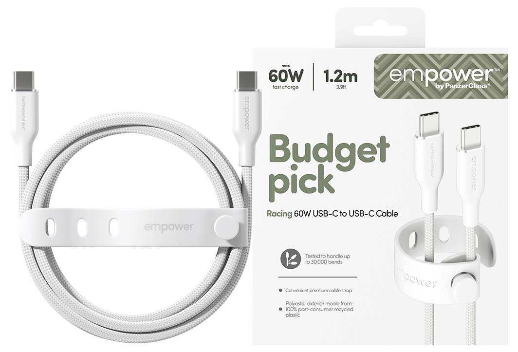 Verpackungsbild eines "empower" 1,2m USB-C auf USB-C Kabels, gekennzeichnet mit "Budget pick" und "60W Schnellladung", zeigt ein weißes geflochtenes Kabel mit Riemen.