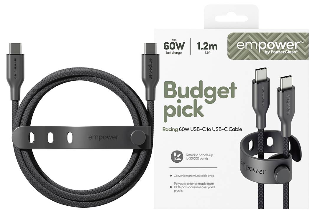 Verpacktes 1,2 m 60W USB-C auf USB-C Kabel mit der Bezeichnung „Budget-Auswahl" mit schwarzem geflochtenem Kabel und Riemenbefestigung, abgebildet neben der Produktverpackung.