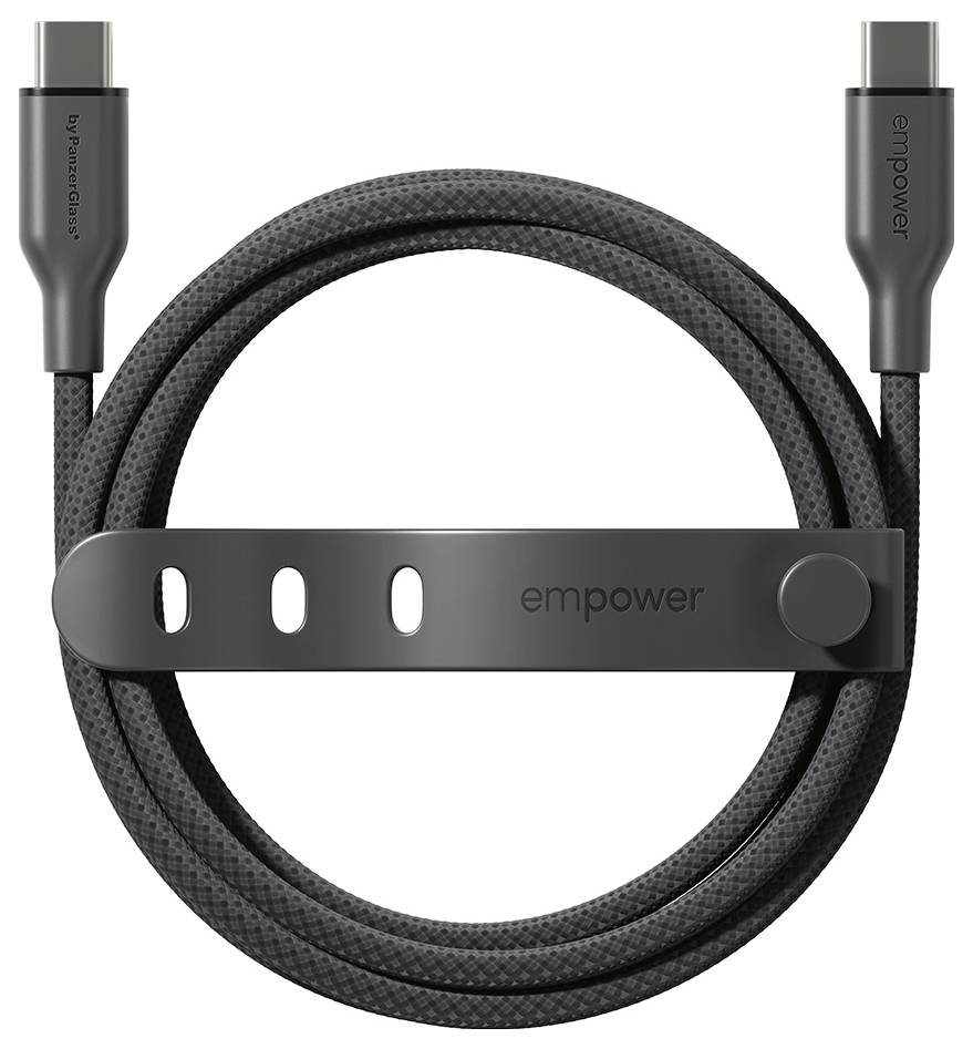 Aufgerolltes schwarzes USB-C-Kabel mit grauem Riemen und „empower"-Branding auf beiden Steckern.