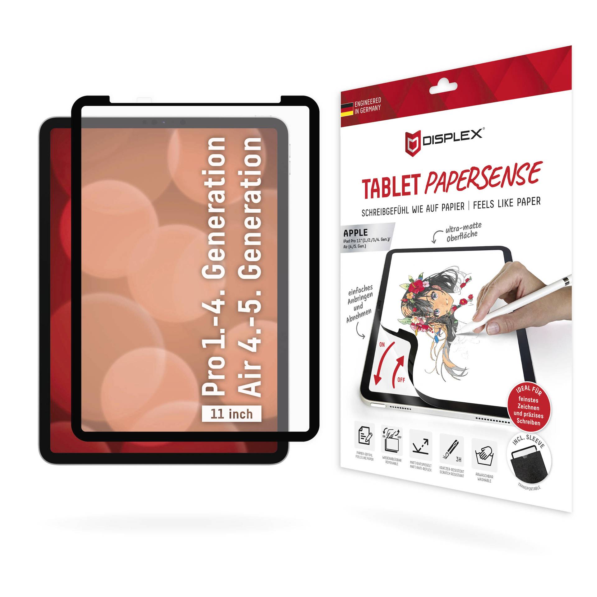 Produktbild einer 11-Zoll-Tablet-Papierbildschirmschutzfolie für iPad Pro 11-Zoll und iPad Air 4/5, das ein Tablet und einen Stylus zeigt, der auf einer papierähnlichen Folie zeichnet.