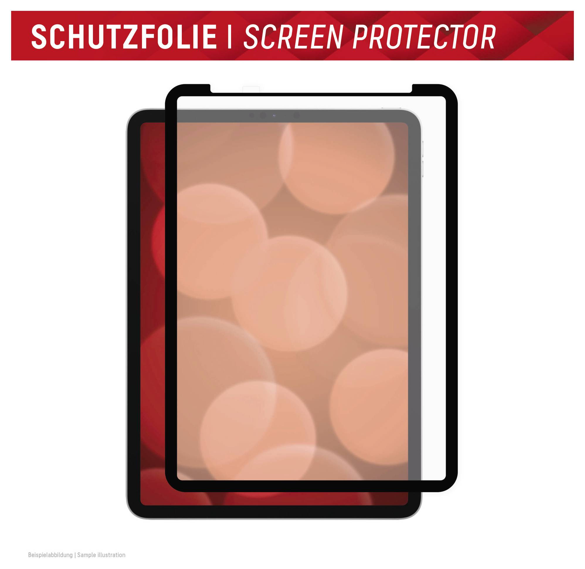 Abbildung einer Schutzfolie für ein Tablet oder Telefon, beschriftet mit „SCHUTZFOLIE | SCREEN PROTECTOR", die einen klaren Schutzfilm über einem Gerätebildschirm zeigt.