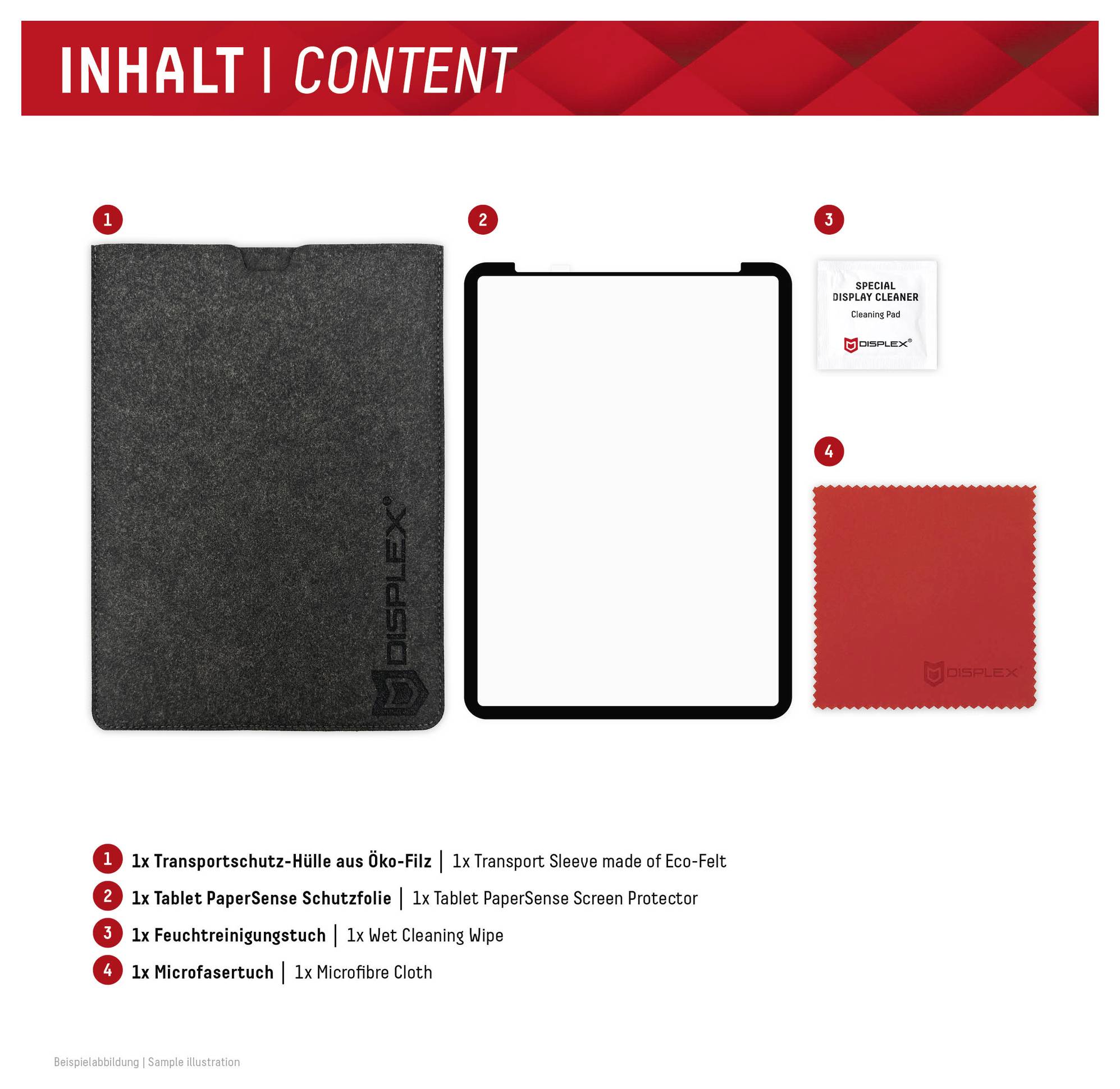 Vierteile-Display-Reinigungsset mit Inhalt: schwarze Filz-Transporttasche, Displayschutzfolie für Tablets, feuchtes Reinigungstuch und rotes Mikrofasertuch.
