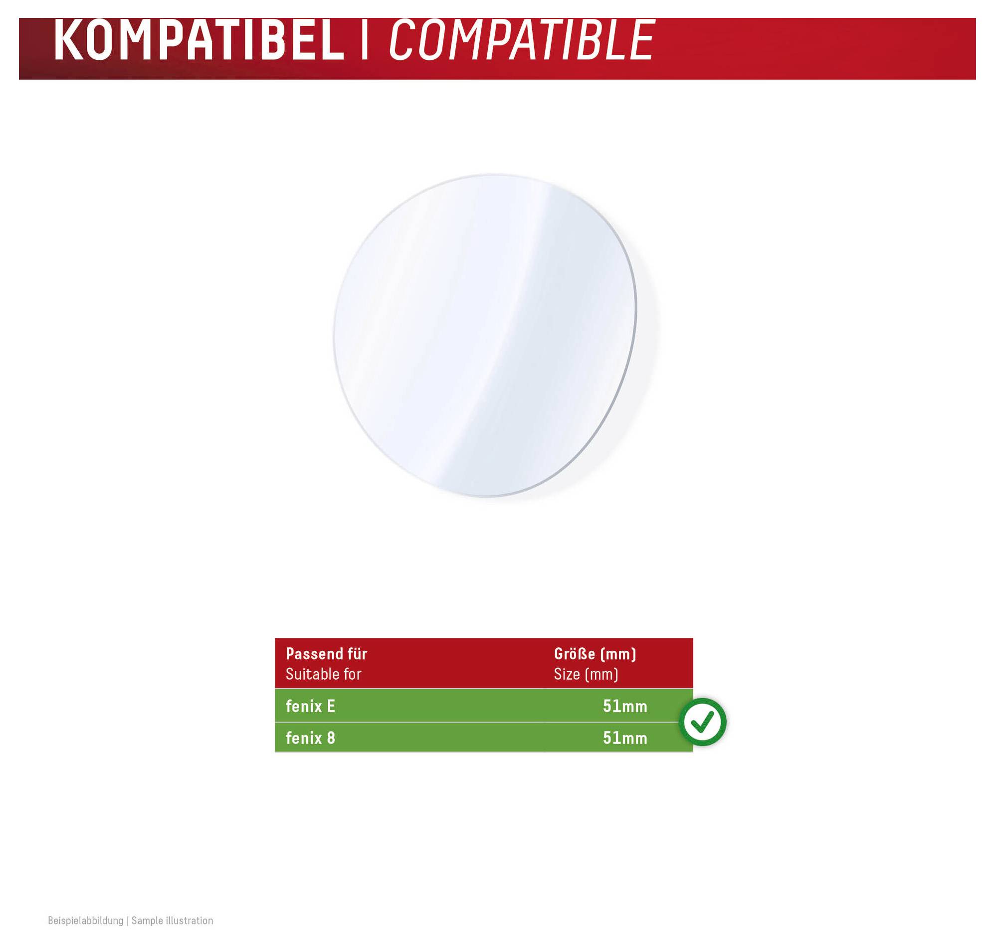 Kompatibilitätsgrafik, die einen runden Displayschutz zeigt, der für Fenix E und Fenix 8 geeignet ist, beide 51 mm.