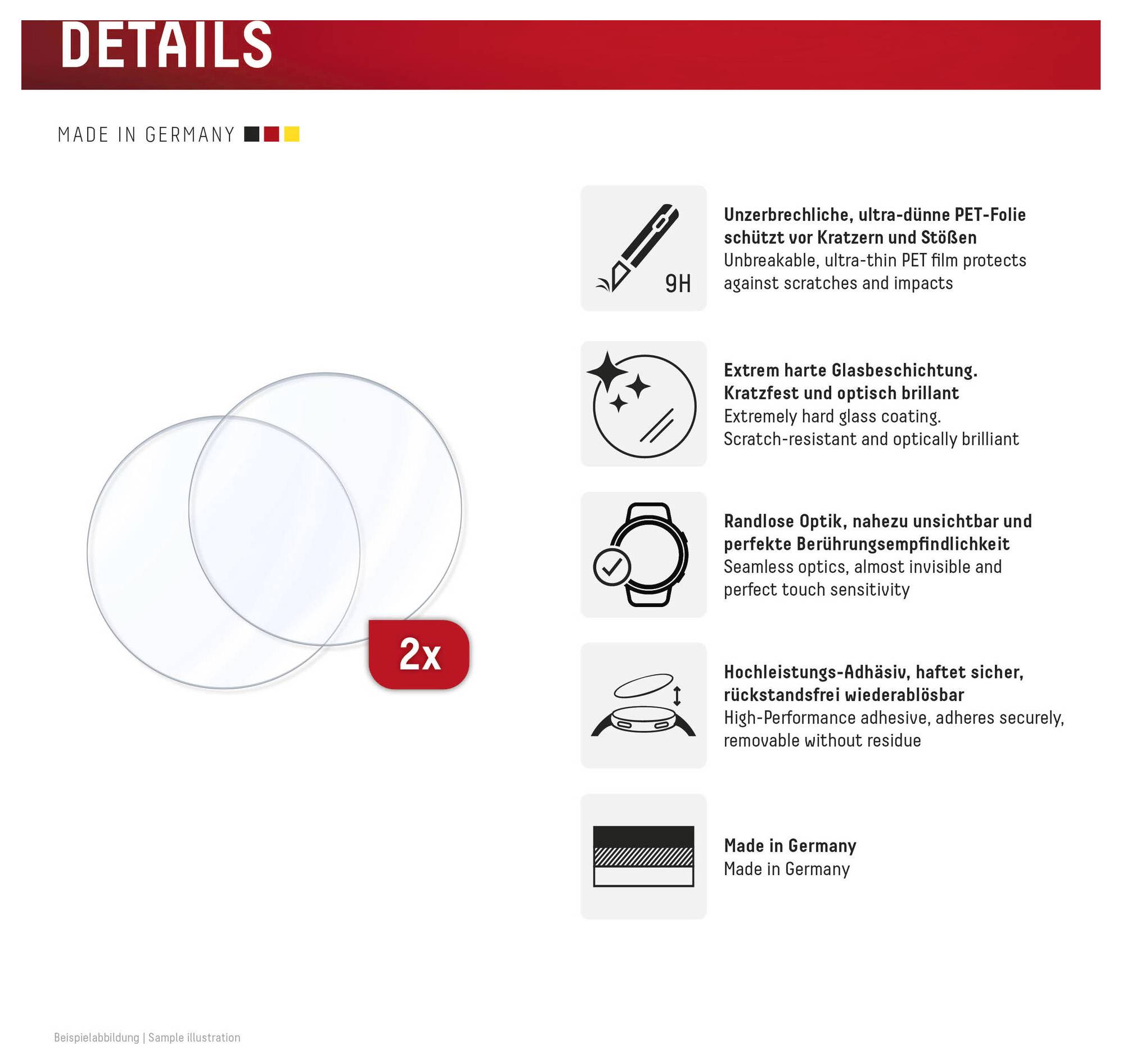 Produktdetails-Infografik mit zwei überlappenden Displayschutzfolien mit einer „2x"-Beschriftung und Symbolen, die 9H-Kratzerbeständigkeit, Hartglasschicht, nahtlose Touchempfindlichkeit, starker abnehmbarer Klebstoff und „Made in Germany" auflisten.