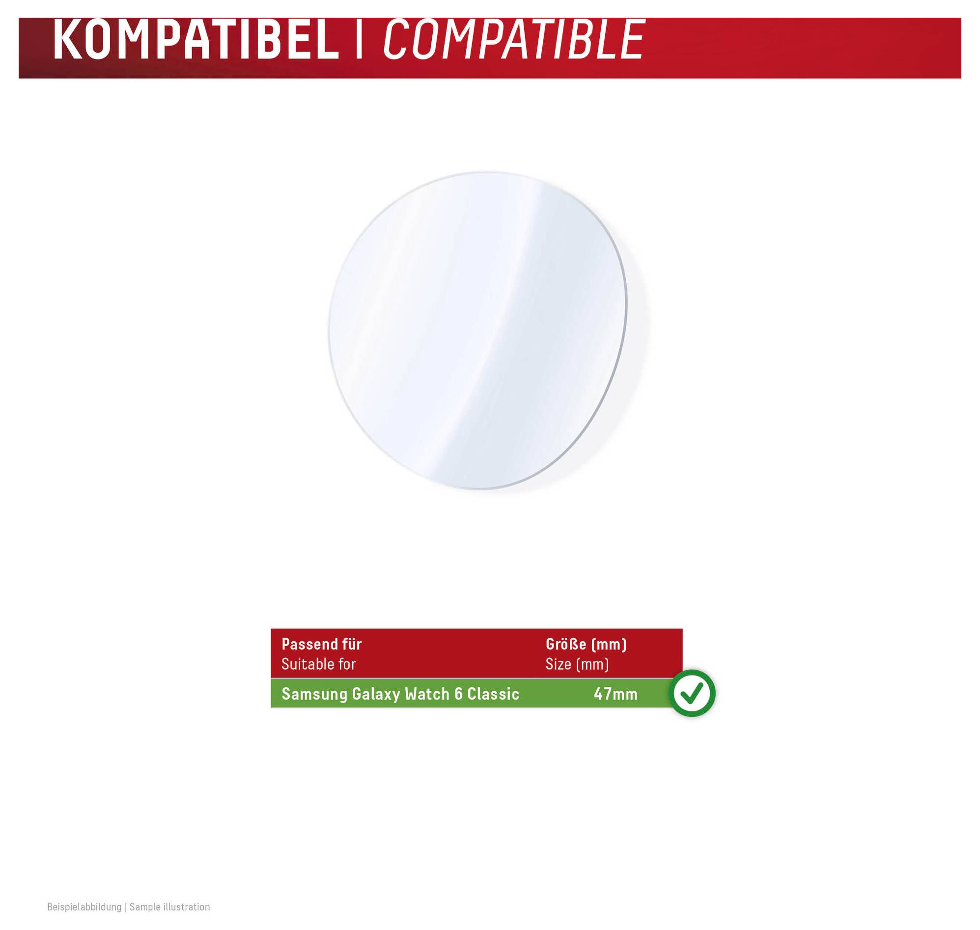 Kompatibler Displayschutz für Samsung Galaxy Watch 6 Classic, Größe 47 mm, dargestellt als kreisförmige transparente Folie mit Kompatibilitätsetikett.