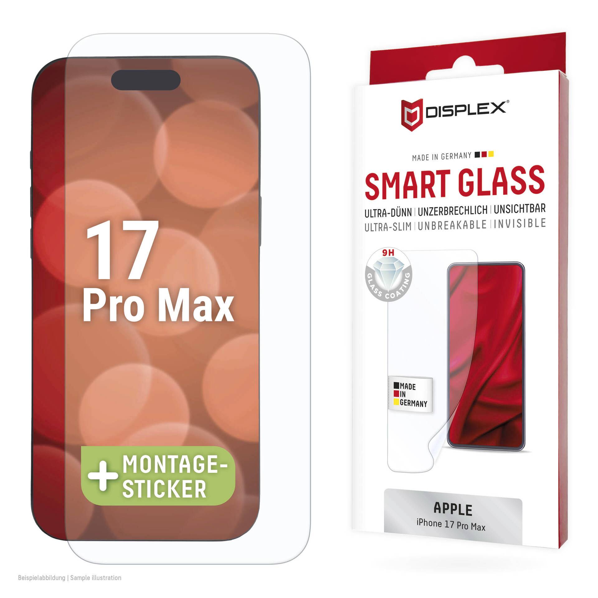 Produktbild einer Displayschutzfolie für Apple iPhone 17 Pro Max, mit der Bezeichnung „Smart Glass" und zeigt einen transparenten Schutz mit Montagesticker.
