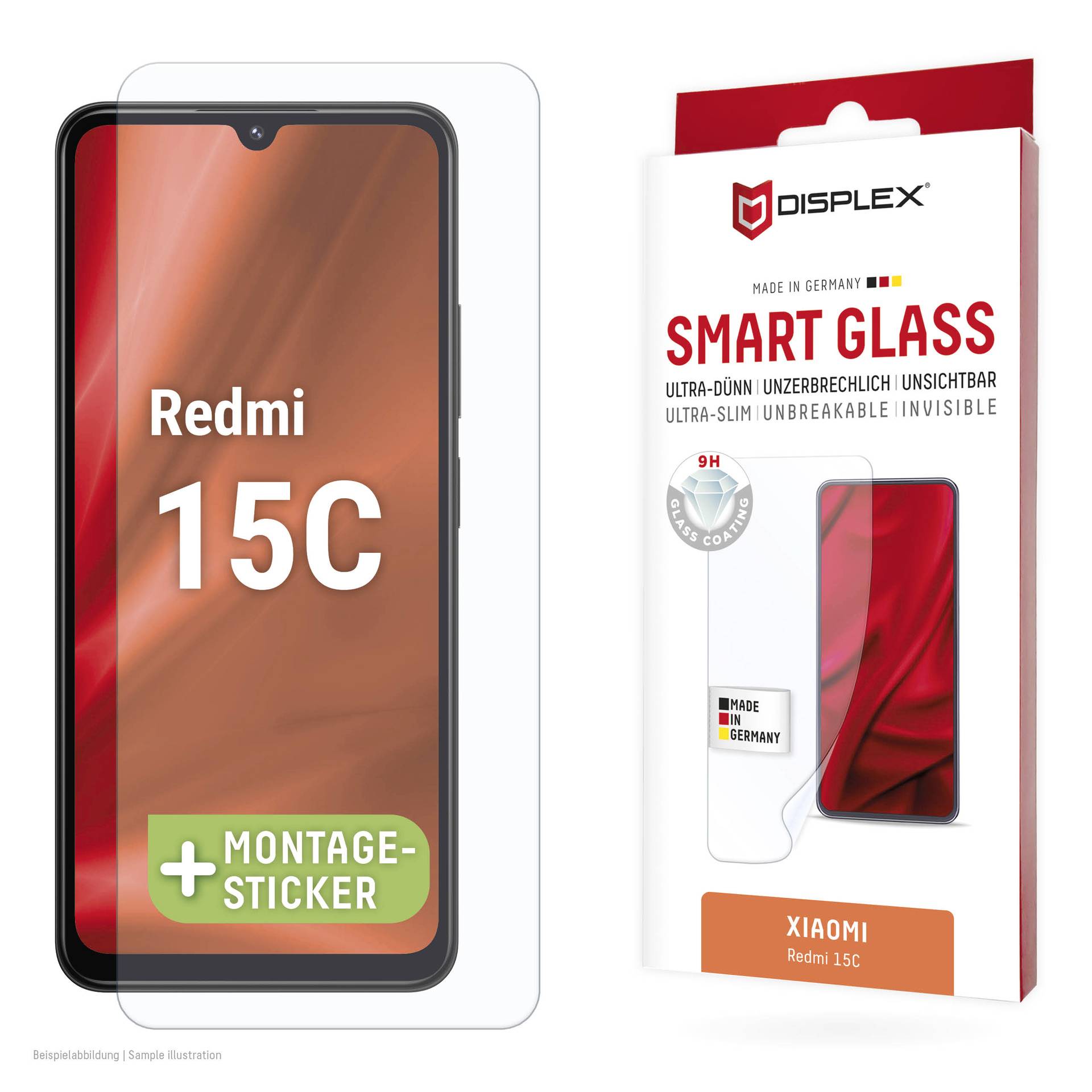 Produktbild eines Redmi 15C-Displayschutzes von DISPLEX, beschriftet mit "Smart Glass" und "Xiaomi Redmi 15C".