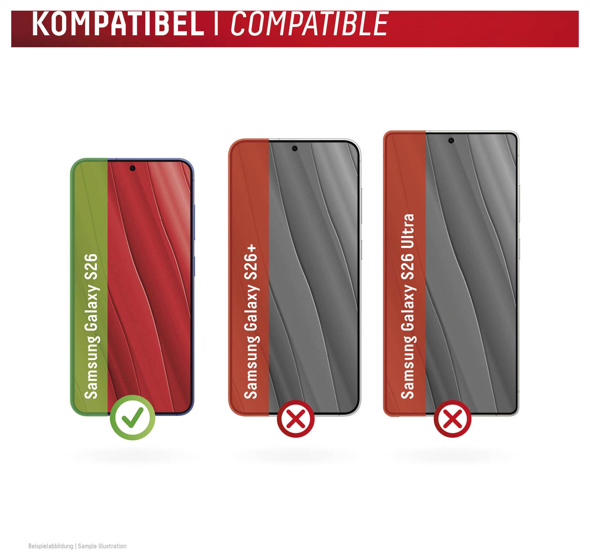Kompatibilitätsgrafik, die zeigt, dass Samsung Galaxy S26 unterstützt wird, während Samsung Galaxy S26+ und Samsung Galaxy S26 Ultra nicht unterstützt werden