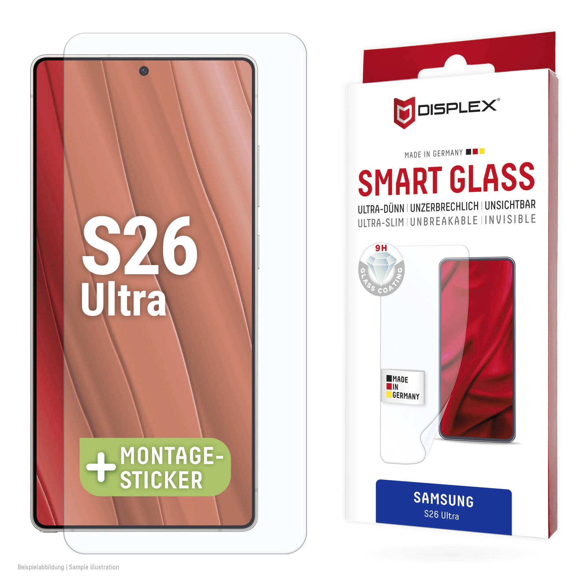 Anzeige von Samsung S26 Ultra Displayschutzfolie mit Montagekleber, dargestellt auf Phone-Mockup und Displex Smart Glass Verpackung.