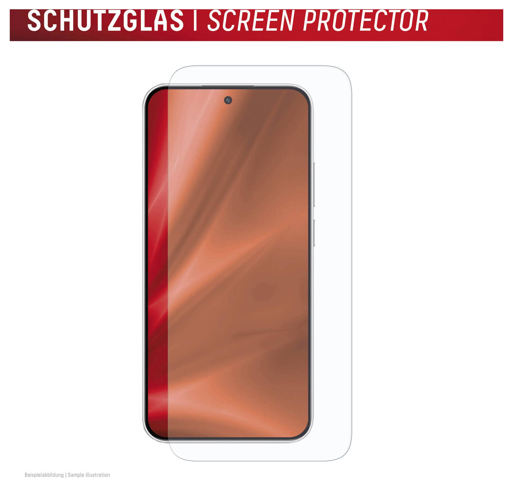 Displayschutzglas, das über einem Telefondisplay angezeigt wird, mit der Bezeichnung „SCHUTZGLAS | SCREEN PROTECTOR".