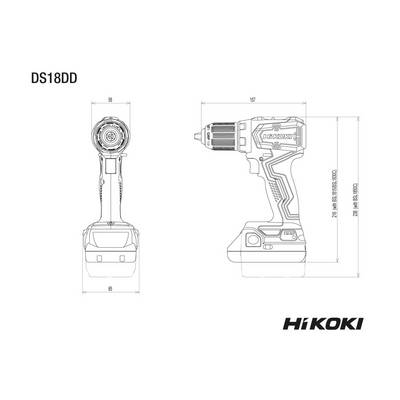 Technische Zeichnung eines HiKOKI DS18DD Akkubohrschraubers dargestellt in Vorder- und Seitenansichten mit Abmessungsmessungen.